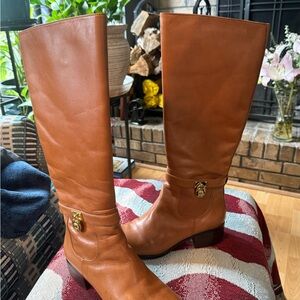Michael Kors Tan Leather Over-the-Knee Boots with Gold Emblem